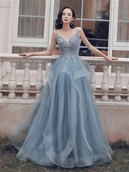 Picture of Light Blue Tulle V-neckline Lace Applique Straps Layers Skirt Long Prom Dresses, Blue Wedding Party Dresses